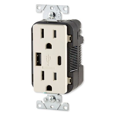 Leviton Decora USB Type-A/Type-C Wall Outlet Charger, 15A, Light Almond